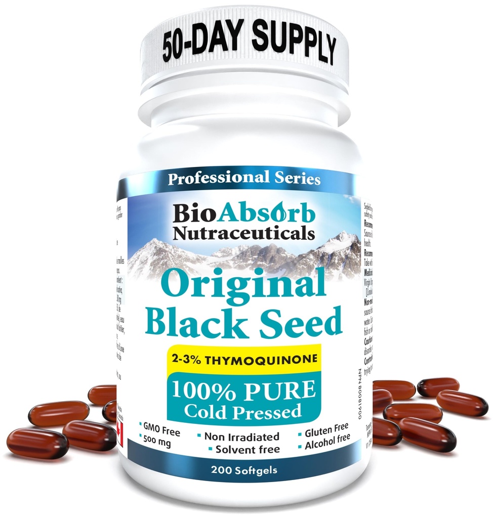 Bio Absorb Black Seed Seed Oil Cold Capsule presate. 200 softgels, 500mg (50-Day Supply). Fără gust.