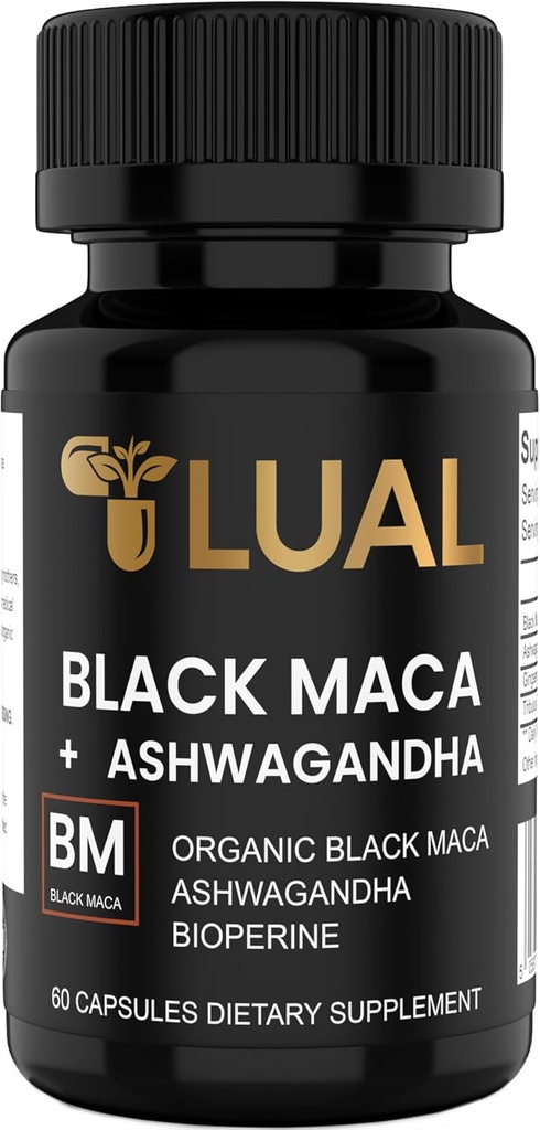 LUAL 30.000 mg 30x Putere organică Black Maca Root cu Ashwagandha - cea mai mare potenta Black Maca capsule rădăcină pentru bărbați - 100% pur Maca Peruana pulbere organică, gelatinizat, Non-GMO - 60 pastile