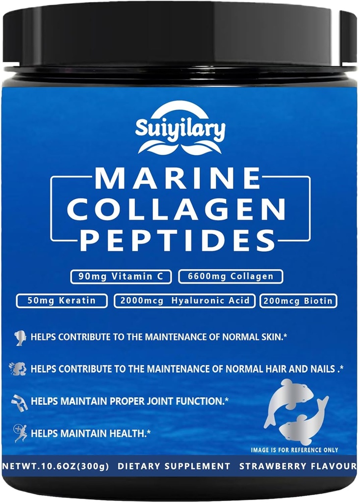 Colagen Peptide pulbere pentru femei, Multi Marine Hidrolized pentru par sanatos, Piele, Nails cu acid hialuronic, Biotin, Vitamina C, 30 Serviri (10,6 OZ, căpșuni)