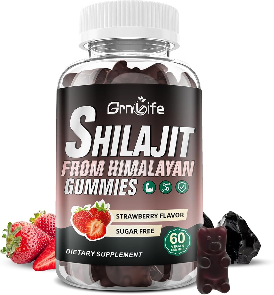 Gume silajit pentru barbati si femei, 1000MG Silajit Supliment cu 85+ Trace Minerale si Acid fuzelian pentru energie, Imunitate, Zahăr-Free, Strawberry-60 Count