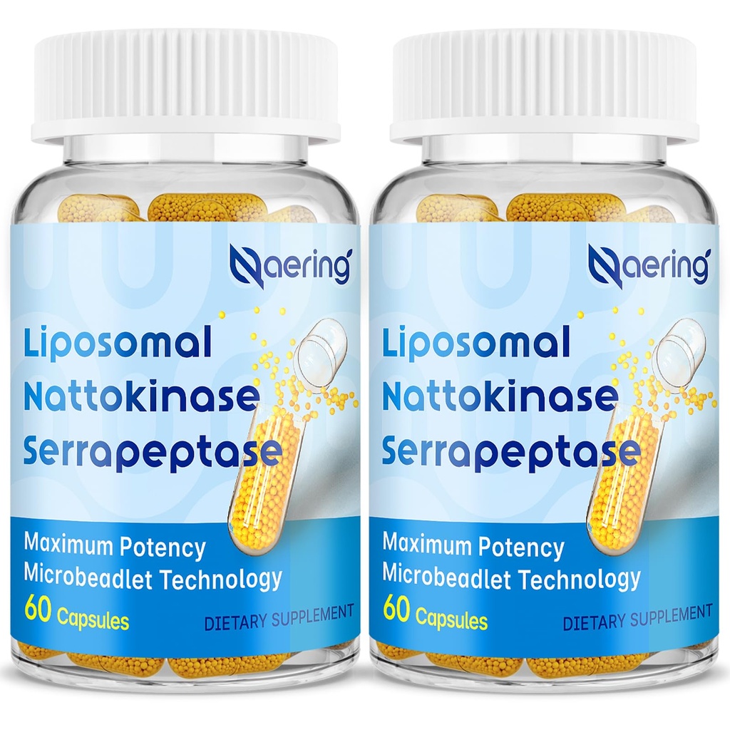 Liposomal Nattokinaza 12,000 FU Serapeptase 360,000 SPU Supliment enzimatic - Îmbogățit cu enzime sinergistice și Blend Nutrient & Inulin pentru Circulatorii, Gut, Digestion 60 Capsule (2 Flacon)