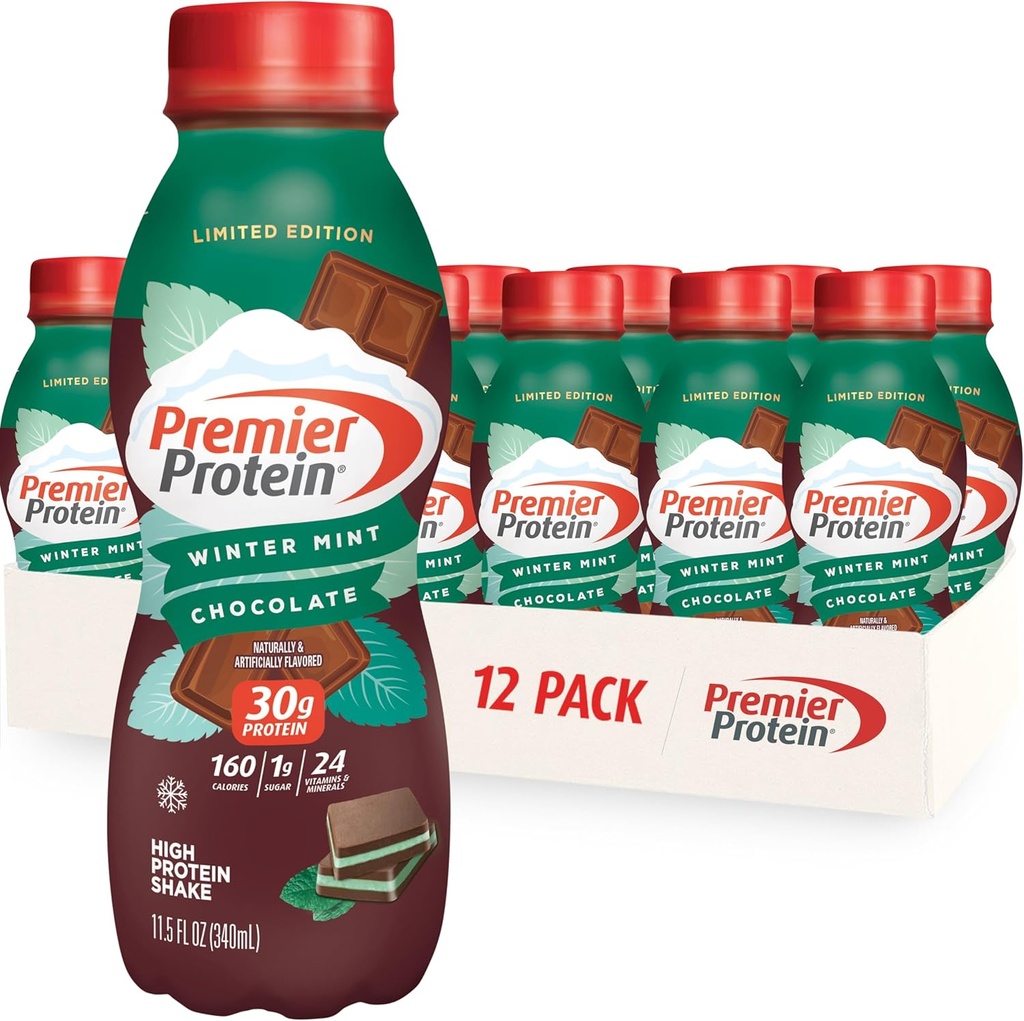 Premier Proteine Shake, Limited Edition Winter Mint Chocolate, 30g Proteine, 1g Zahăr, 24 Vitamine & Minerale, Nutrients pentru a sprijini Immune Health, 11.5 oz, 12 Pack