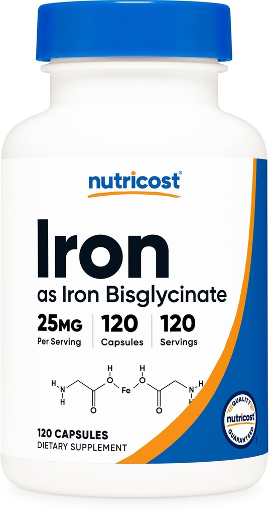 Nutricost Suplimentul Bisglicinat de Fier (25 mg) 120 Capsule - de la Chelat Bisglicinat feros - Ne-GMO & Gluten-Free