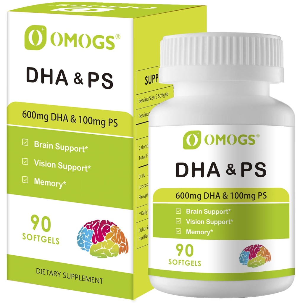 OMOGS Algae DHA - 600 mg Omega-3 DHA Softgels, cu fosfatidilserină și ulei de nuc, susține funcția creierului sănătos, viziune, ochi și memorie, gluten gratuit, ulei de alge non-GMO Vegan, 90 Softgels