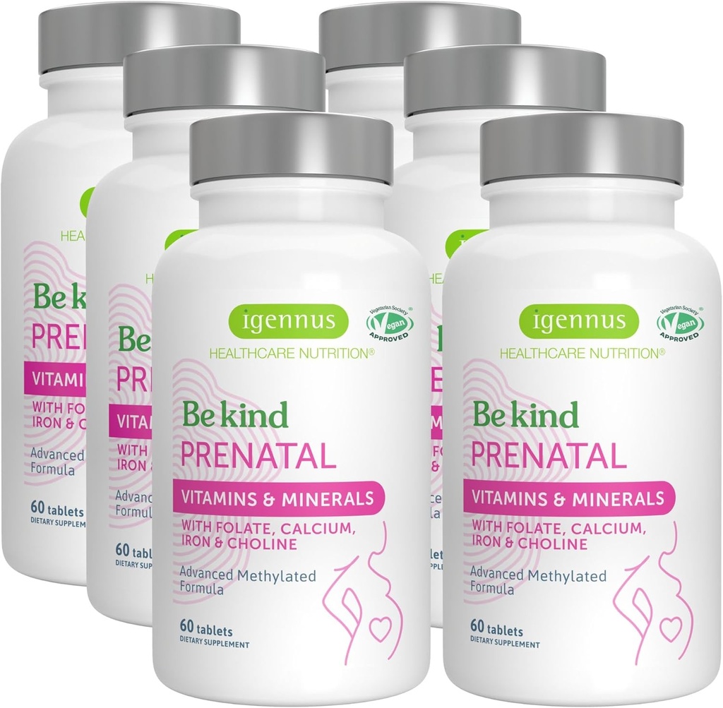 Igennus Multivitamine metilate prenatale pentru femei, Folat pentru MTHFR, Absorbție ridicată, Pure & Clean, Fier blând, colină, Calciu & Magneziu, Vitamine de sarcină Vegan, Halal, Non-GMO, 60 comprimate x 6