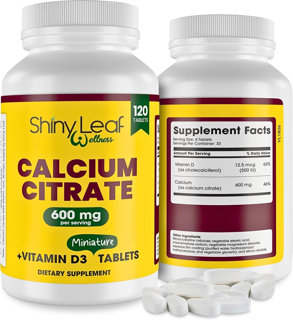 Shiny Leaf Calciu Minis 600 mg - Tablete zilnice de calciu Citrate 600 mg Plus Vitamina D3 pentru Bariatric Post-Op și Bypass gastric pentru femei și bărbați, ușor de înghițit, Made in USA, Vegetarian - 120 Ct.