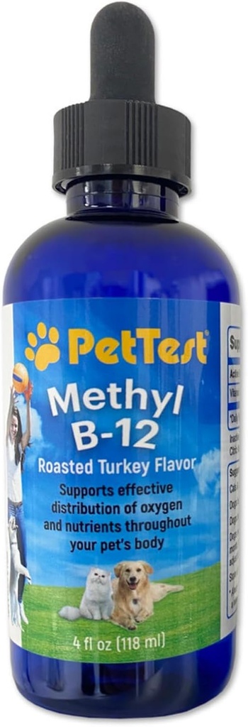 PetTest metil B12 picături de vitamina lichid 4fl oz (5000 MCG) Supliment cu metilcobalamină pentru animale de companie diabetice, Absorbție maximă pentru a crește energia pentru câini și pisici