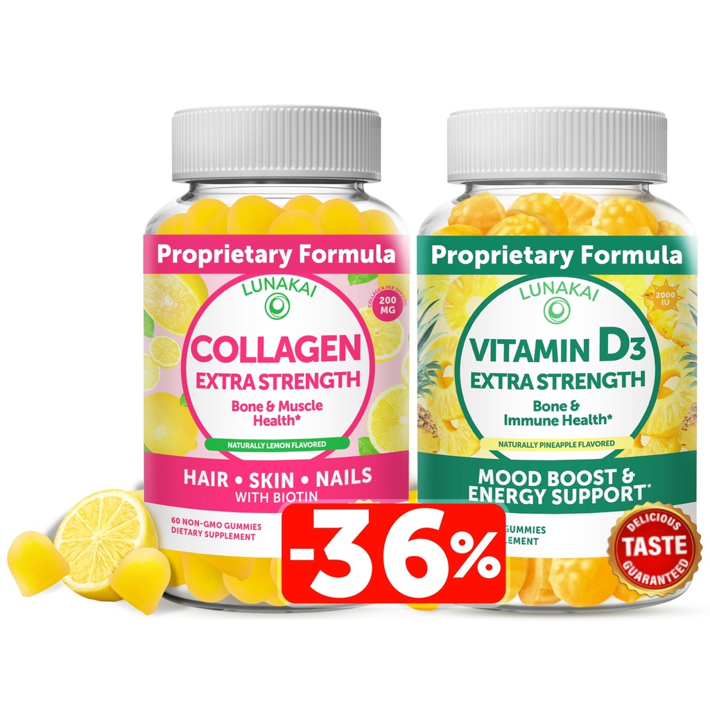 Lunakai Colagen și vitamina D3 Gummies Bundle - Suplimente anti-GMO pentru bărbați și femei - Imunitate, Oase și Mood Support Gummy pentru adulți - 30 zile de aprovizionare
