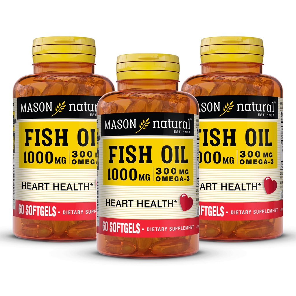 MASON NATURAL Omega,3 Fish Oil, 180,Day Supply, 1000 mg cu EPA și DHA pentru suport comun, 60 Softgel Pills (3 ambalaj)