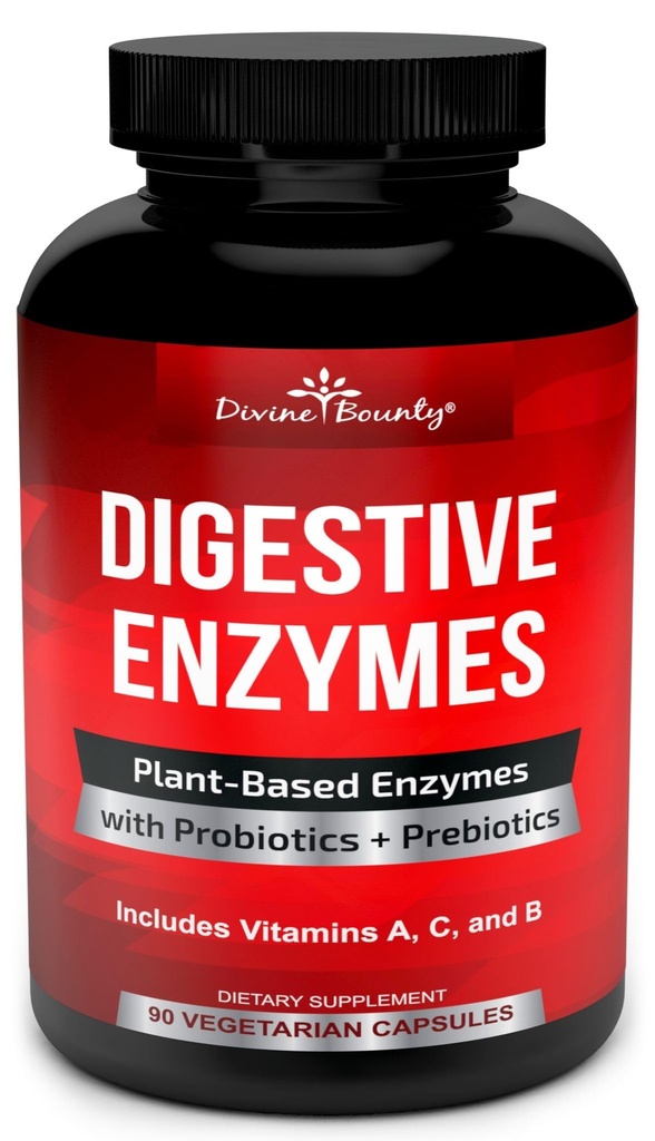 Enzime digestive Divine Bounty cu Probiotice & Prebiotice cu Lipase, Amylase, Bromelain - Suport un Tract Digestiv Sanatos pentru Barbati si Femei 