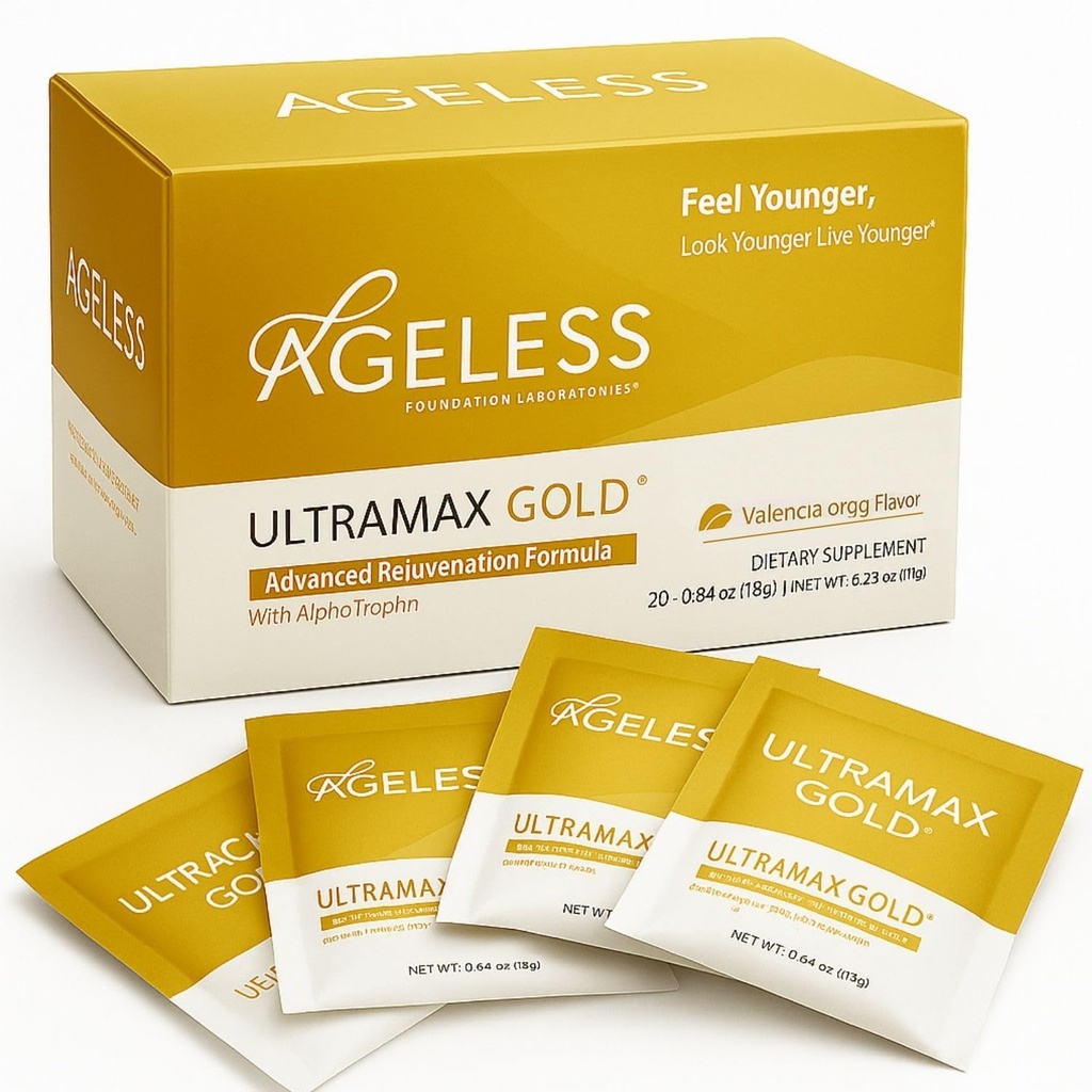 Ageless UltraMAX aur - HGH Anti-Aging Supliment pentru femei si barbati - Întinerire piele, Restaureaza Aspect Tineret, Boosts Energie & Somn, Efervescent Pulbere - Valencia Orange Flavor - 22 Pachete