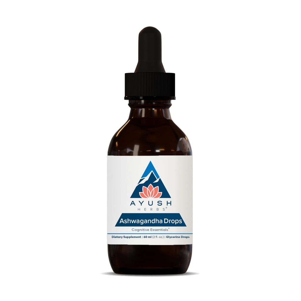 Ayush Herbs Ashwagandha Drops - Ashwagandha Drops fără alcool pentru adulți, calmant supliment de zi cu zi pentru focalizare & Atenție cu Ashwagandha organice, Aroma de lamaie - 2 Fl Oz (80 Servings)