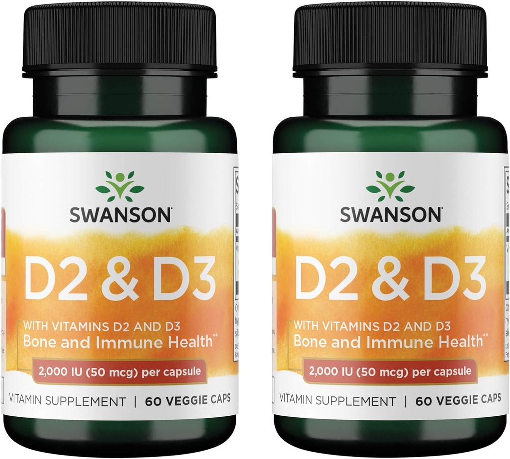 Swanson Vitamina D Complex cu vitamine D2 & D3 - Complex complet de vitamine Sunshine pentru Bone, Dental & Imune Health - Supliment de vitamine (50 mcg, 60 capsule vegetale) (2 ambalaj)