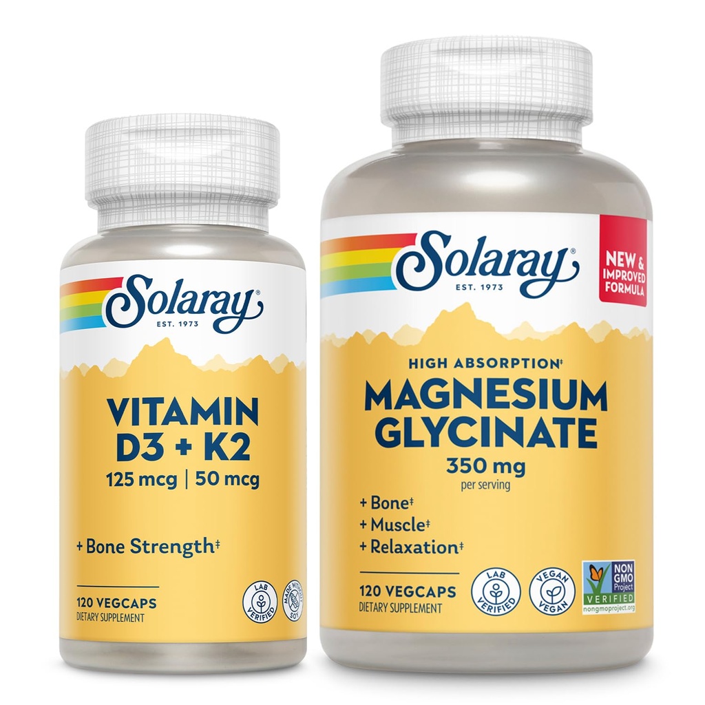 SOLARAY Vitamina D3 K2 şi glicinat de magneziu - Bone Health Bundle - Absorbţie de calciu, nervi, inimă şi suport imunitar w/ 5000 UI vitamina D, 350 mg Magneziu Chelated, 60- Day Guarantee, 120ct/ 120ct