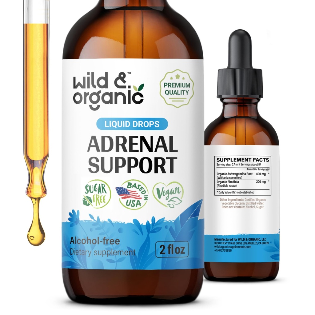 Suport suprarenal sălbatic și organic Tinctură pentru Outlook pozitiv - Complex suprarenal cu Ashwagandha, Rhodiola Rosea Root - 1-Month Supply - Vegan, No Sugar & Alcool - 2 fl oz