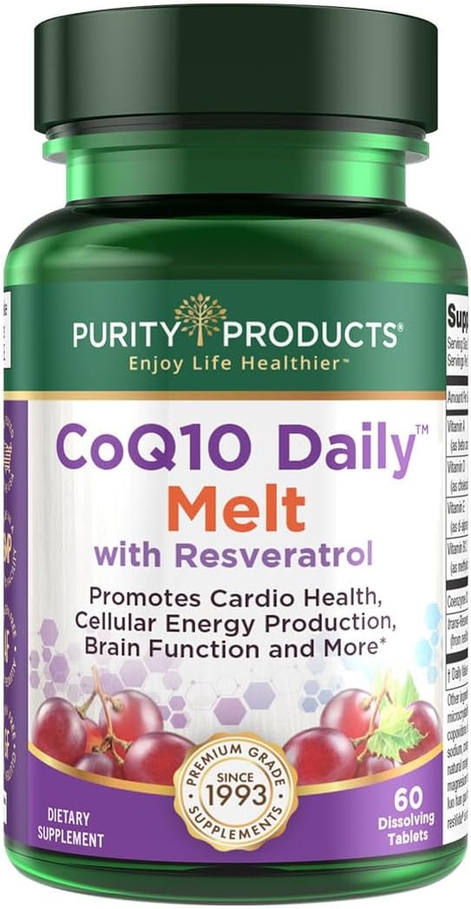 Produse de puritate CoQ10 Daily cu Resveratrol Melt 100mg CoQ10-30mg Trans-Resveratrol - Vitamina A, D3, E și B12 (sub formă de metilcobalamină) - 60 comprimate de eliminare rapidă