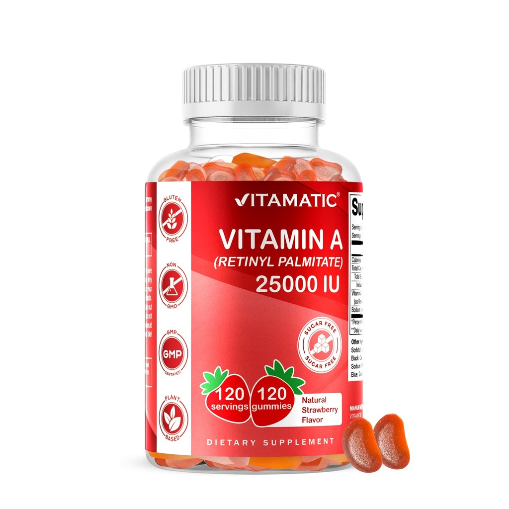 Vitamină fără zahăr vitamatic A 25000 UI Gumies (Retinyl Palmitat) - Aroma naturală de căpșuni - 120 Gume pe bază de pectină (1 flacon)