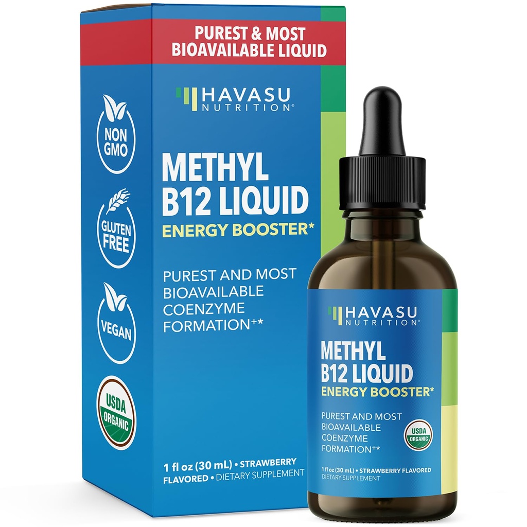 USDA Vitamina organica B12 Picături lichide - Metilcobalamină pentru energie îmbunătățită și suport sistem nervos - 30 Serviri - foarte biodisponibil pentru absorbție - non-GMO, Vegan, aroma de capsuni, 1 Fl Oz
