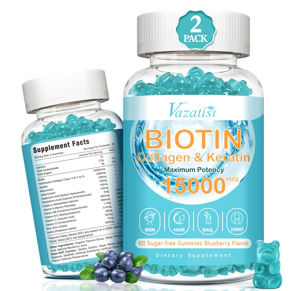 Gume de biotina si colagen cu B12, piele de par si unghii vitamine gume pentru cresterea parului, luminos piele si unghii puternice - aroma de afine, zahar gratuit, 120 Ct