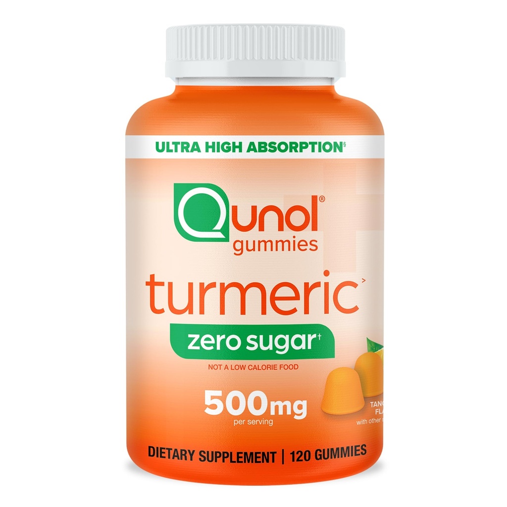 Qunol Zero Sugar Turmeric Gumies, Gummy cu 500mg Curcumin Turmeric, Supliment de sprijin comun, Ultra de înaltă absorbție Curcumin Tumeric, Vegetarian, Gluten gratuit, 120 Conte