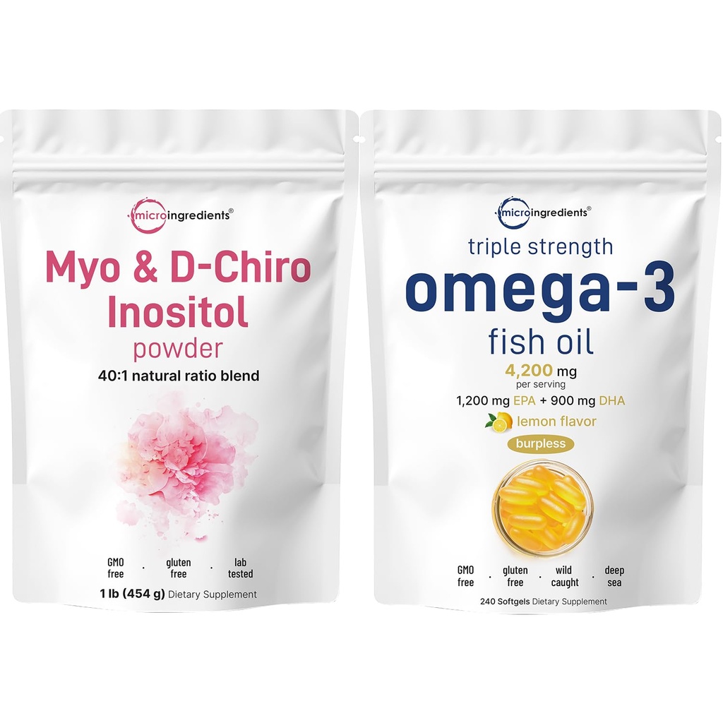 Micro Ingrediente Ulei de pește Omega-3 4,200 mg Softgels & Myo & D-Chiro Inositol pulbere Bundle 2 Pachet de pește sălbatic, Aroma de lamaie, Burpless 