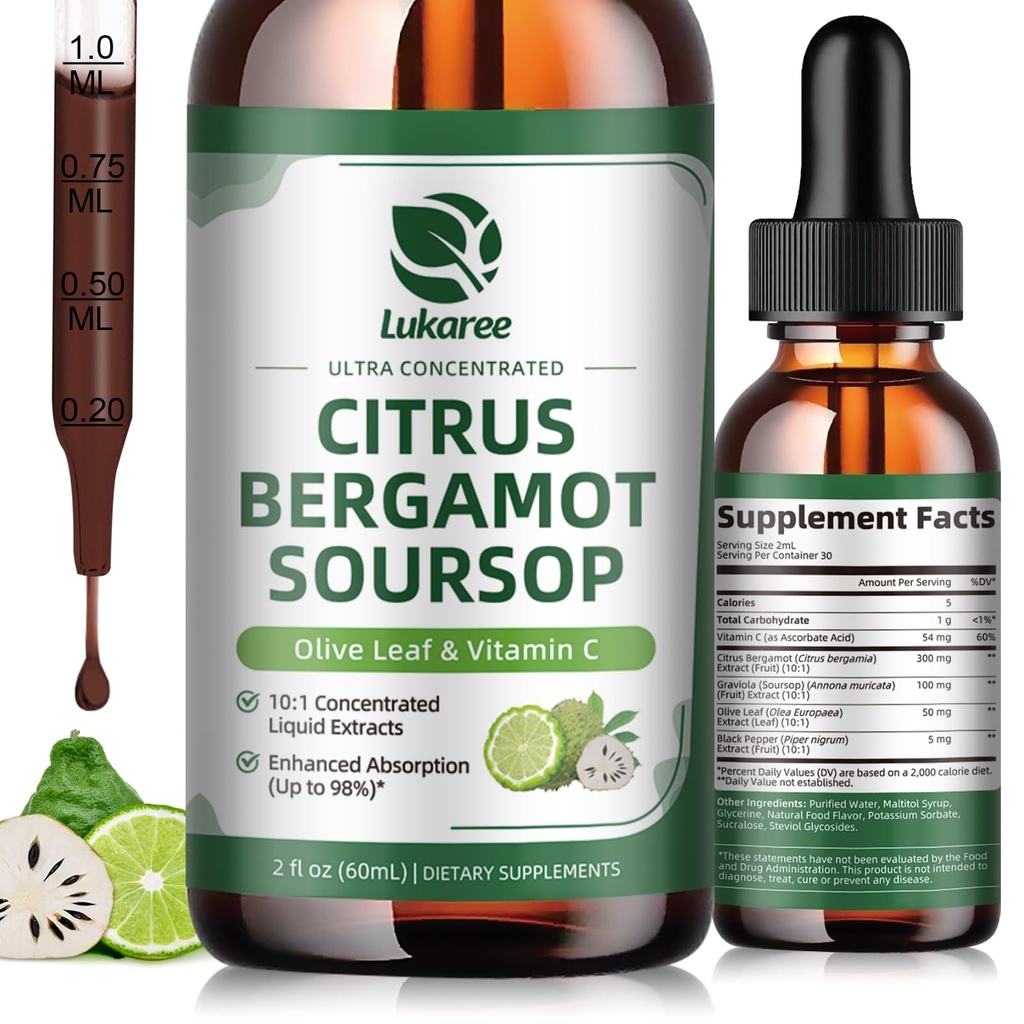 Citrus Bergamot Liquid Drops - Supliment natural cu Soursop, Red Yeast Rice, Usturoi, Olive Leaf, Black Pepper - Absorbtie mare - Suport Global Wellness* - Soursop Bitters Liquid, 2 Fl Oz
