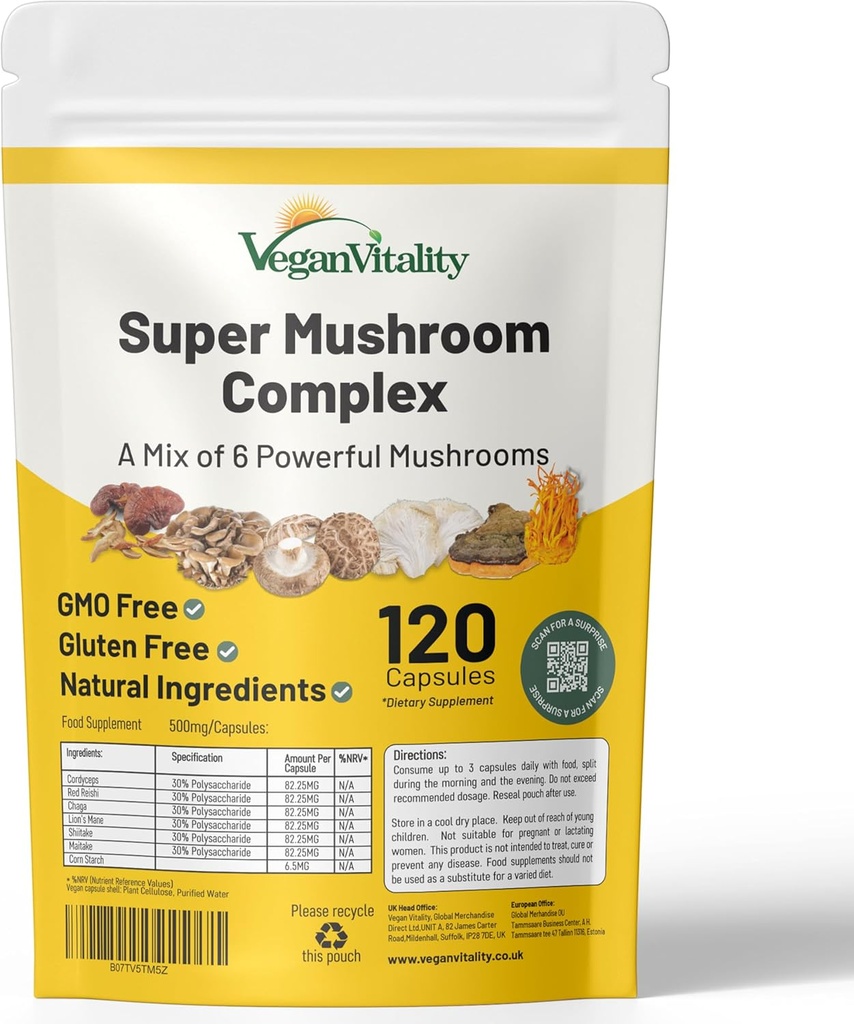 Vegan Vitality Multi Mushroom Supplement Complex - 120 Capsule cu Reishi, Chaga, Shitake, Maitake, Coama Leului și Cordyceps pentru creier, energie, Focus & Memory Support