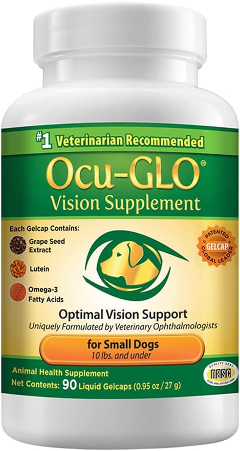 Ocu-GLO Vision Supliment pentru câini de talie mică - Lutein, Omega-3 Acidi grași, extract de semințe de struguri - Suport Optimal Eye Health & Vision la câini - Antioxidanți pentru Canin Ocular Health - 90ct SNIP CAPS