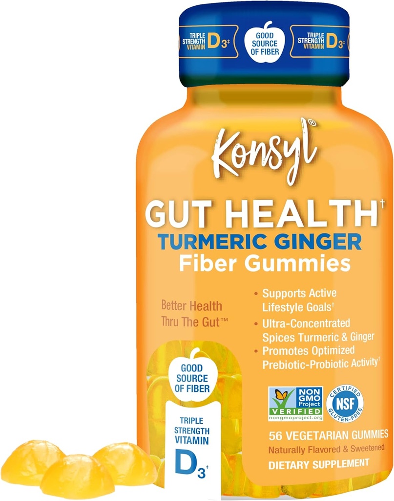 Konsyl Gut Health Turmeric Ginger Fiber Gummies - Ajuta la suport Digestive Health+ - Vegetarian Fiber Supplement Gummies for Adulti- 56 Count