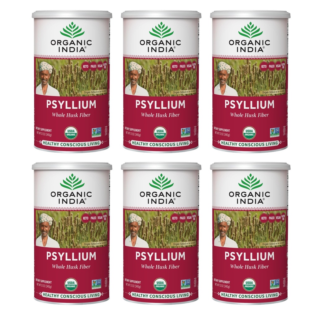 ORGANIC INDIA Whole Psyllium Husk Powder Organic - Psyllium Husk Fiber Supplement, Digestion Support, Vegan, Gluten-Free, Non-GMO, Soluble & Insolubil Fiber Source - 12 oz Canister, 6 Pack