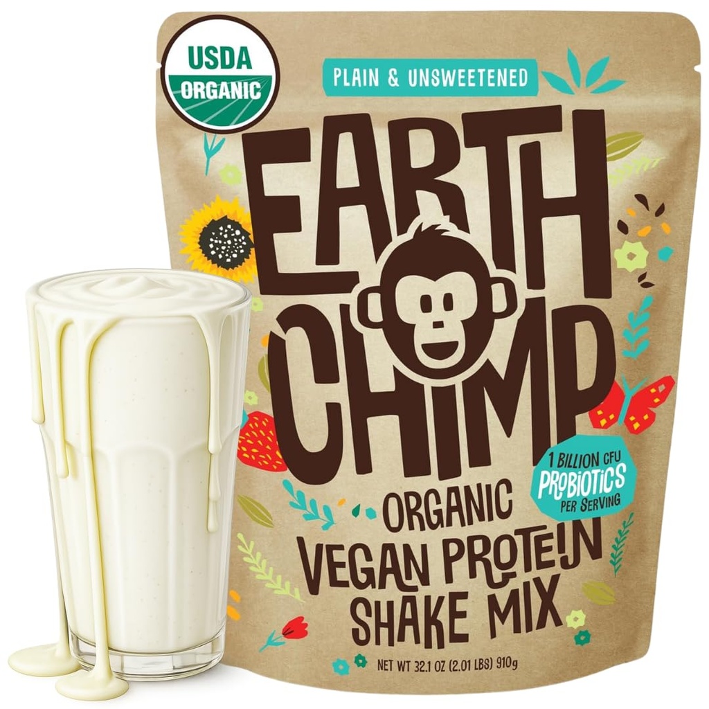 EarthChimp Organic Vegan Proteina pulbere - cu Probiotice - non OMG-uri, lactate gratuit, non-Whey, Pe bază de plante proteine pulbere pentru femei și bărbați, gluten gratuit - 26 Serviri 32 Oz (Plain & Neîndulcit)