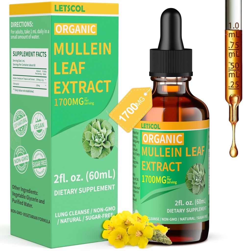 Picături organice Mullein pentru Lung Cleanse, puternic 1700mg Extract de frunze Mullein pentru suport imunitar și respirator, Natural Mullein Supliment picături de tinctură non-GMO & Vegan, 2 Fl Oz