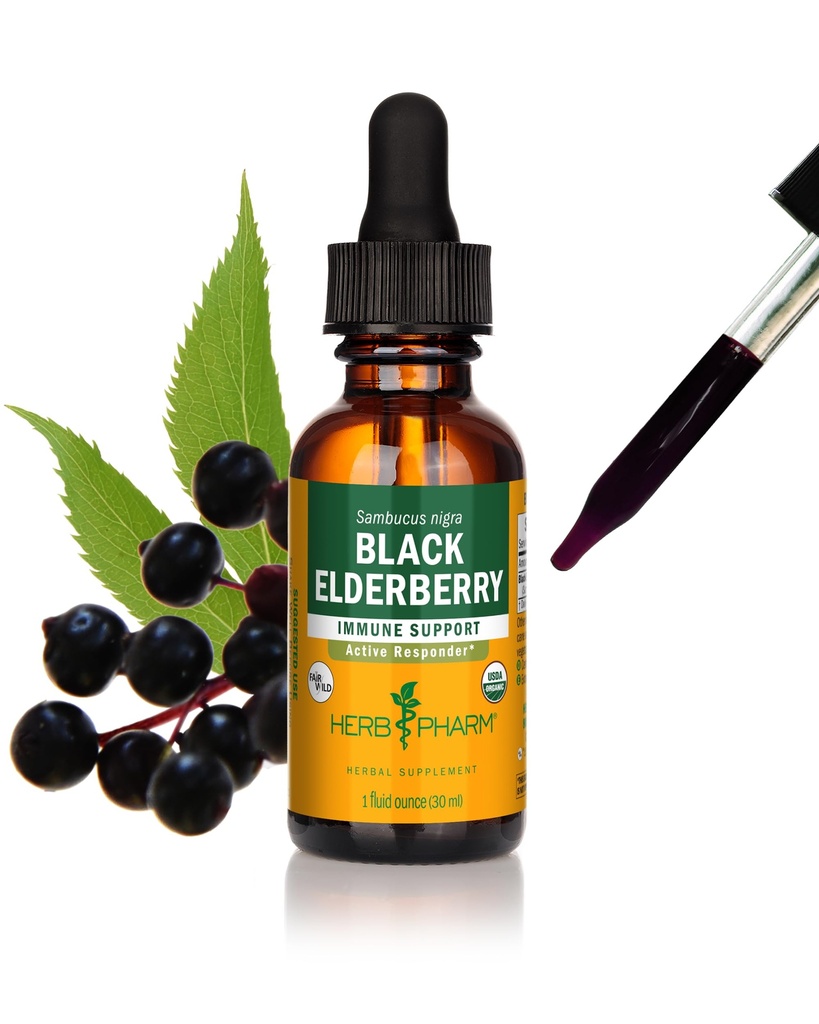 Herb Pharm Certified Organic Black Elderberry Extract lichid pentru suport sistem imunitar, Organic Cane Alcool, 1 Oz