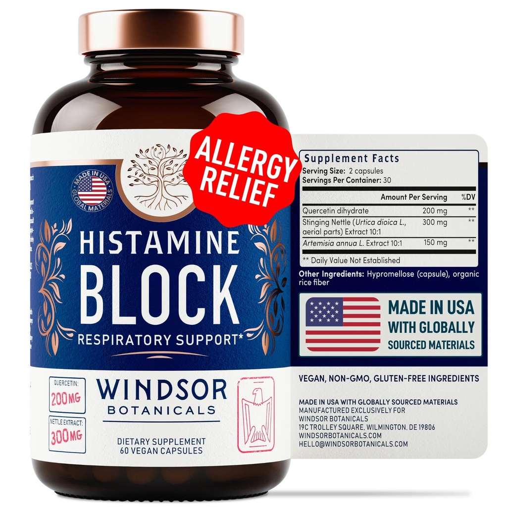 Histamina Blocker pentru alergii - Quercetin, Stinging Nettle Flavonoids Tablete Antihistaminice Naturale - Suplimente şi antihistaminice pentru adulţi - 60 Vegan Histamine Block Capsule