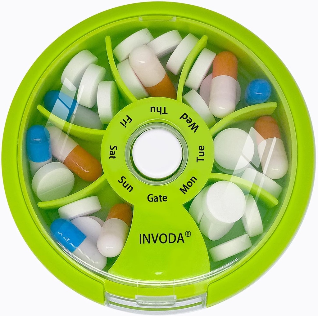 INVODA Weekly Pill Organizator 7 Compartiment Rotating Pilula cutie pentru medicatie zilnica si vitamine - Portable Travel Pilula Suplimente de ulei de peste Organizator vitamine (Orange)