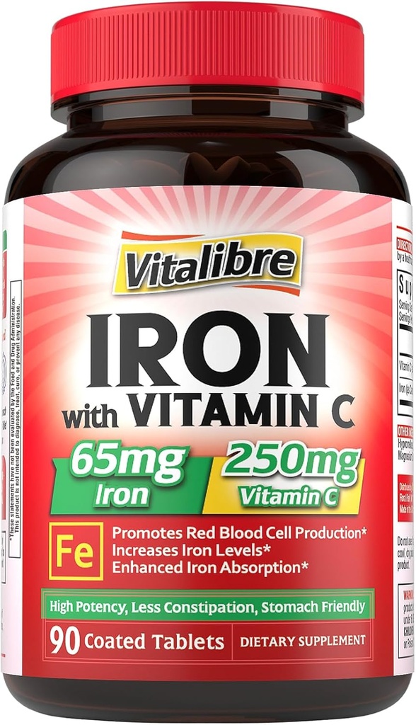 Suplimentul de fier 65mg cu vitamina C, Stomac prietenos Carbonyl Fier, absorbţie mare, o dată pe zi, susţine producerea de celule roşii din sânge, Gluten gratuit, non-GMO, 90 comprimate