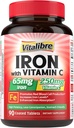 Suplimentul de fier 65mg cu vitamina C, Stomac prietenos Carbonyl Fier, absorbţie mare, o dată pe zi, susţine producerea de celule roşii din sânge, Gluten gratuit, non-GMO, 90 comprimate