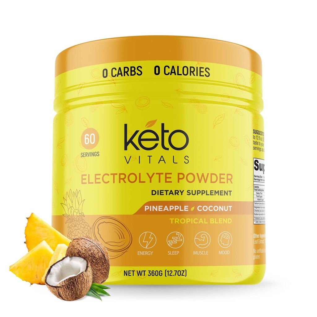 Keto Vitals Electrolits Pulbere - Zahar gratuit Keto Electroliti Pulbere cu potasiu, magneziu, sodiu, & Calciu - Nu zahar Electrolit bautura Mix & pulbere de hidratare, 60 Serviri, Ananas Nuca de cocos