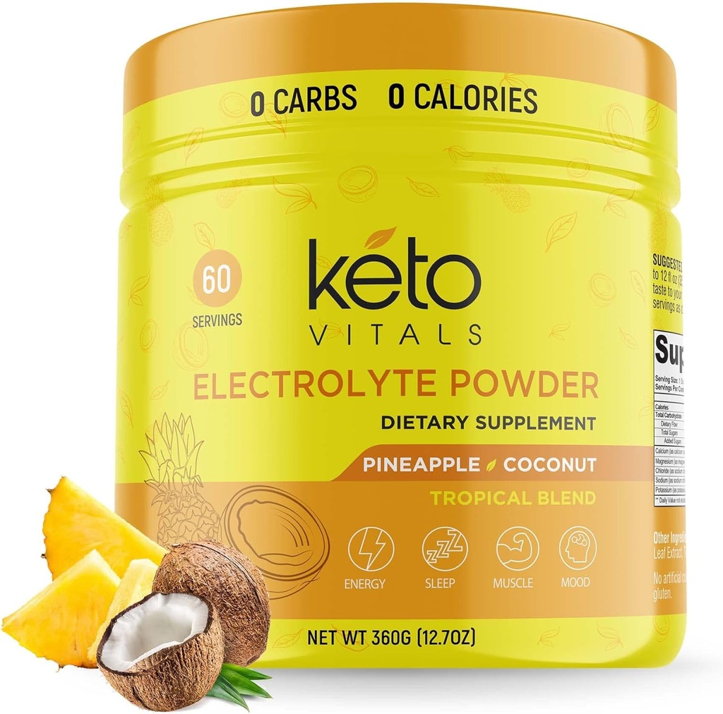 Keto Vitals Electrolytes Powder - Sugar Free Keto Electrolytes Powder with Potassium, Magnesium, Sodium, & Calcium - No Sugar Electrolyte Drink Mix & Hydration Powder, 60 Servings, Pineapple Coconut