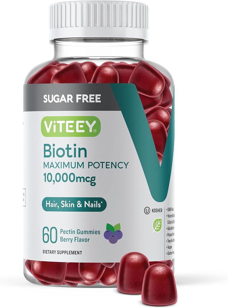 Gume Biotin Viteey pentru păr, piele, și unghii 10.000mcg - Zahăr gratuit - Gume de creștere a părului, Skin Healthy luminos, puternic de creștere a unghiilor sănătoase - Vegan, gluten gratuit, Gelatină gratuit- gustos aroma Berry