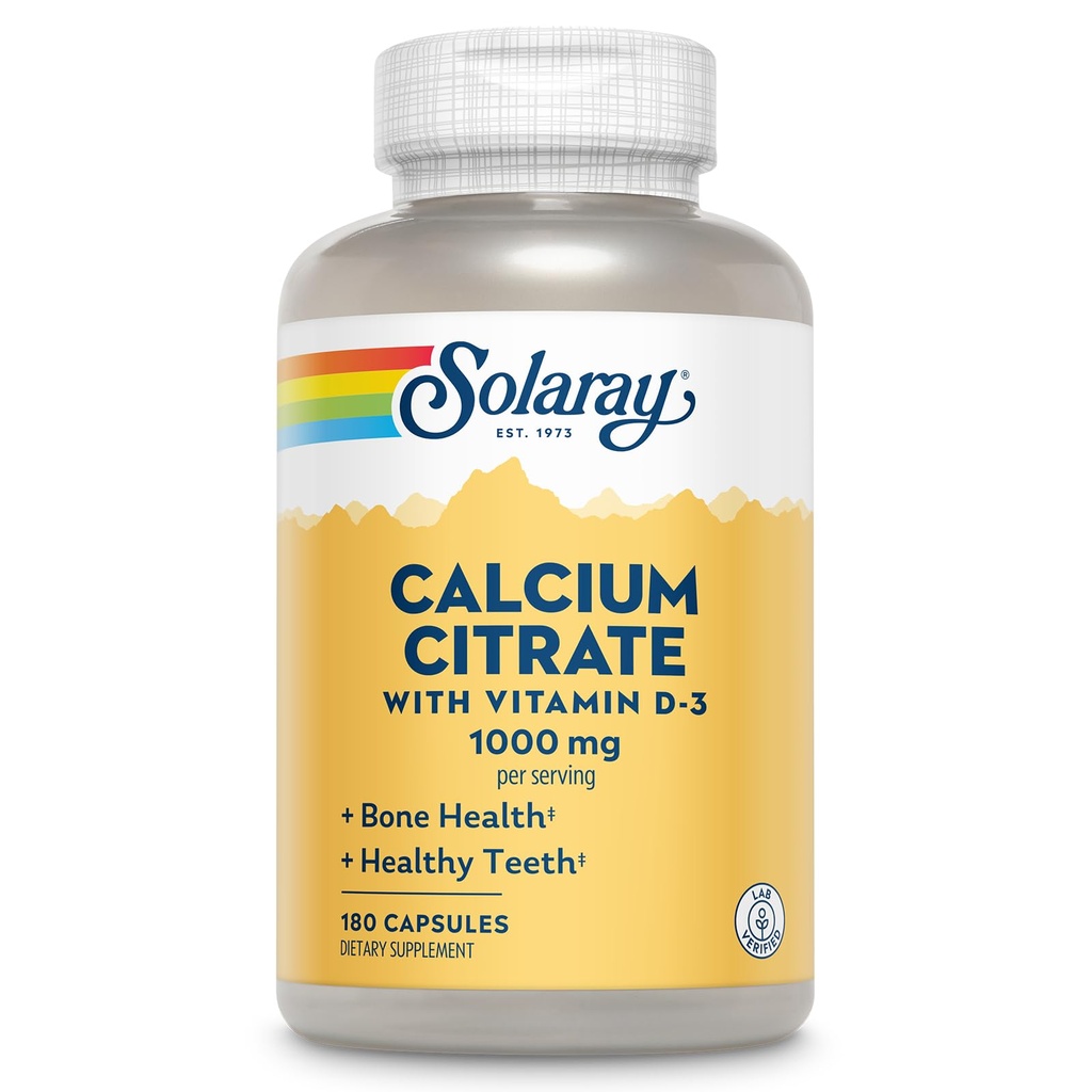 Solaray Citrat de calciu cu vitamina D3 1000mg - Rezistenta osoasa si suport sanatos dinti - Formula de digestia blânda - Lab verificat, 60 zile Garantie - 30 Serviri, 180 capsule