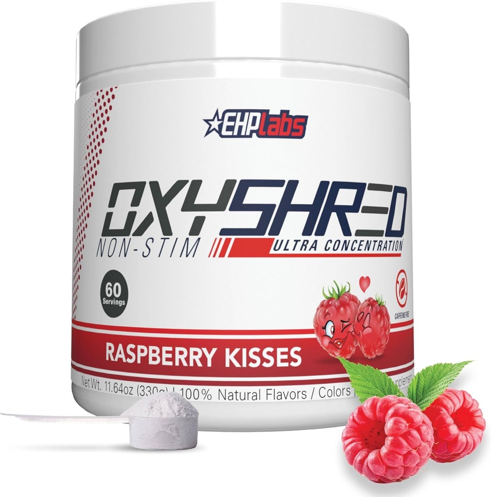 EHP Labs OxyShred Non Stimulant Praf de antrenament pre - Stim gratuit, Cafeina Preworkout gratuit pentru bărbați și femei - non Stim Preworkout - Praf de energie fără zahăr - zmeură, 60 Serviri