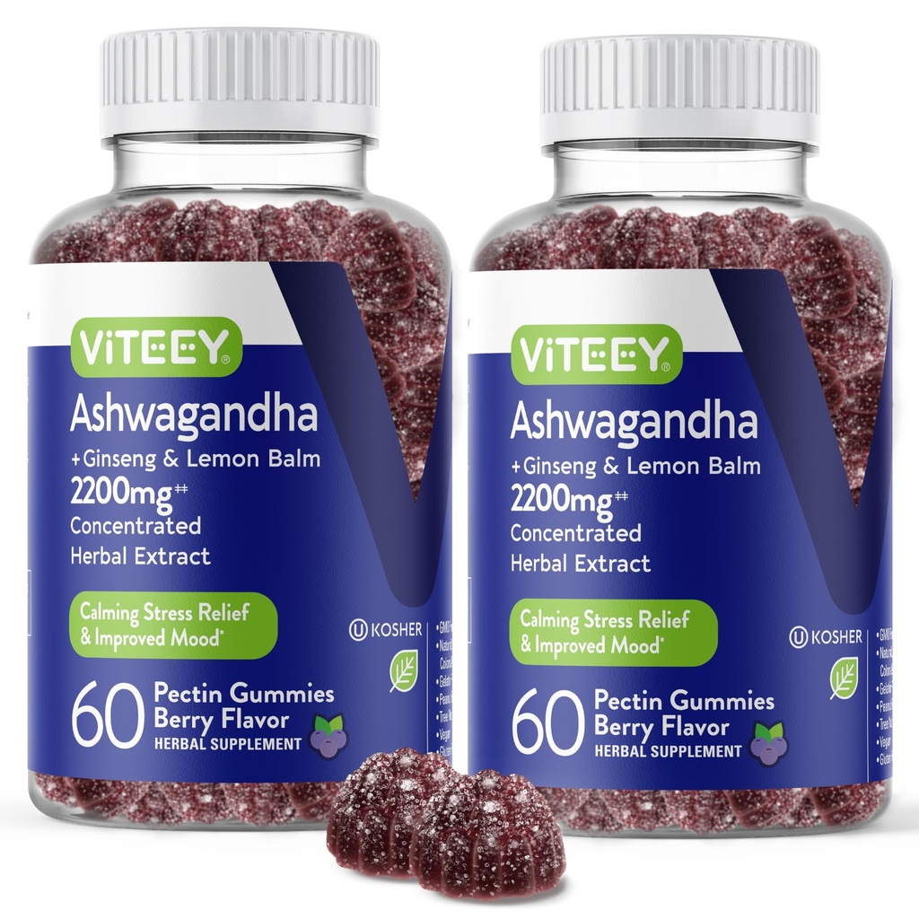Viteey Ashwagandha Gummies cu Ginseng & Lemon Balm - Mood, Calm & Stres Supplements Ashwagandha - Vegan, Gluten-Free - 120 Conte