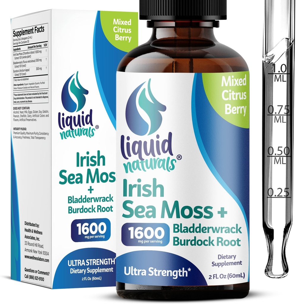 Irish Sea Moss Drops - Citrus Berry Flavor - 92+ Minerale esențiale și vitamine - Energie, Piele, Gut, Recovery - Bladderwrack și Brodock Root - 2 fl. oz
