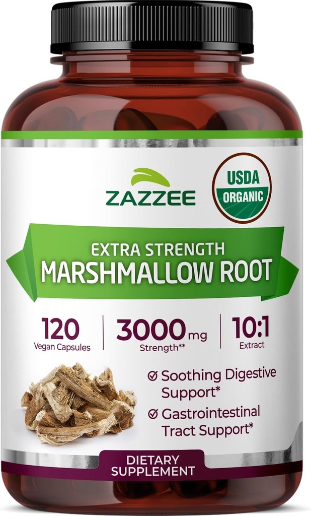 Zazzee USDA Organic Marshmallow Root 10:1 Extract, 3000 mg Putere, 120 capsule Vegan, 4 Luna de aprovizionare, Standardizat, concentrat 10X Extract, 100% Vegetarian, All-Natural, Non-GMO, Made in the USA