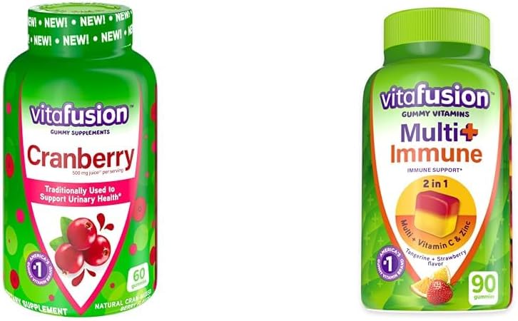 Vitafusion Gumies Cranberry pentru femei 500mg și Multi+ de sprijin imun Gumies cu vitamina C Zilnic Zilnic Multivitamine 90 Număr