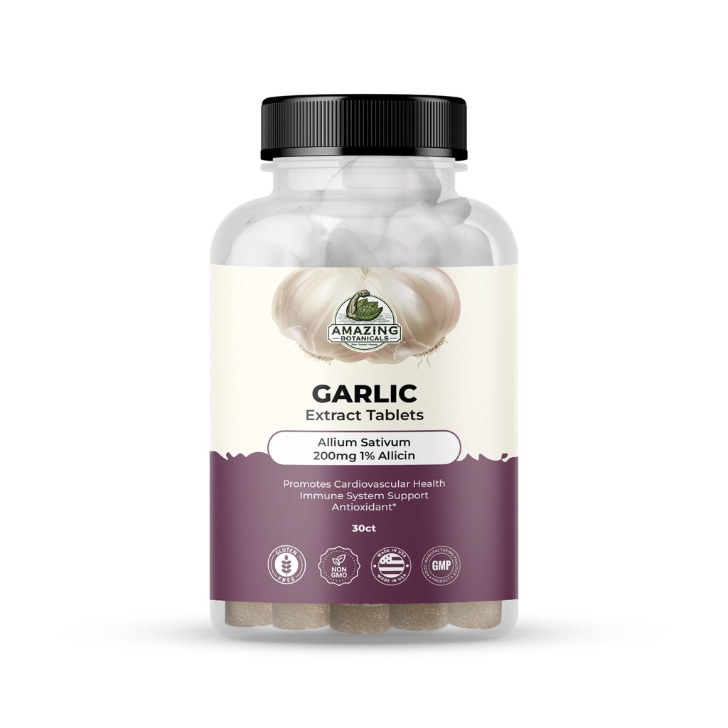 Amazing Botanicals Pastile de extract de usturoi - Allium Sativum 200mg, 1% Allicin - Suplimentul Herbal de potenta mare pentru Wellness si Vitality - 30 Conte
