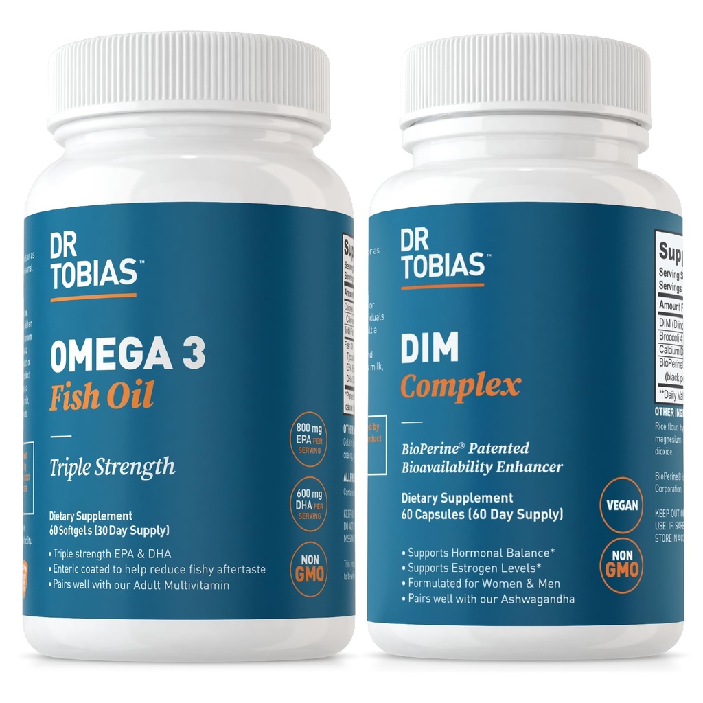 Dr. Tobias Omega 3 Ulei de pește și suplimente complexe DIM, susține inima, funcția imună cerebrală și echilibrul hormonal pentru femei și bărbați cu bioPerine, extract Borccoli & calciu D-Glucarate, 60 capsule