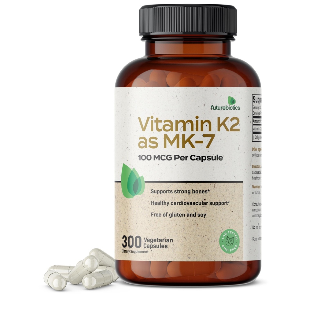 Futurebiotics Vitamina K2 ca MK-7 100 mcg, suporta oase puternice- non-GMO, 300 capsule vegetariene