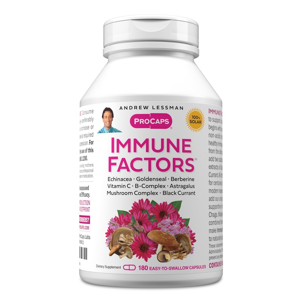 ANDREW LESSMAN Immune Factors 180 Capsulele Echinacea, Goldenseal, Vitamina C, Astragalus, Berberine, Mushroom Blend, Black Currant. Sprijină și promovează sistemul imunitar și apărarea naturală